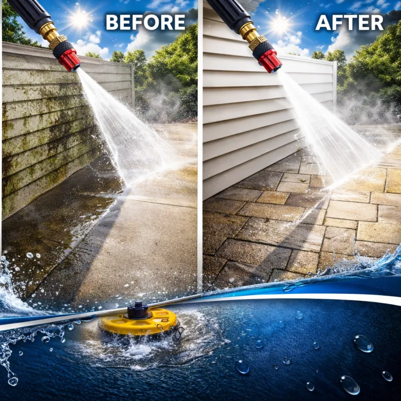 Power washing before and after — dirty fence and patio restored to clean in Freeport, IL